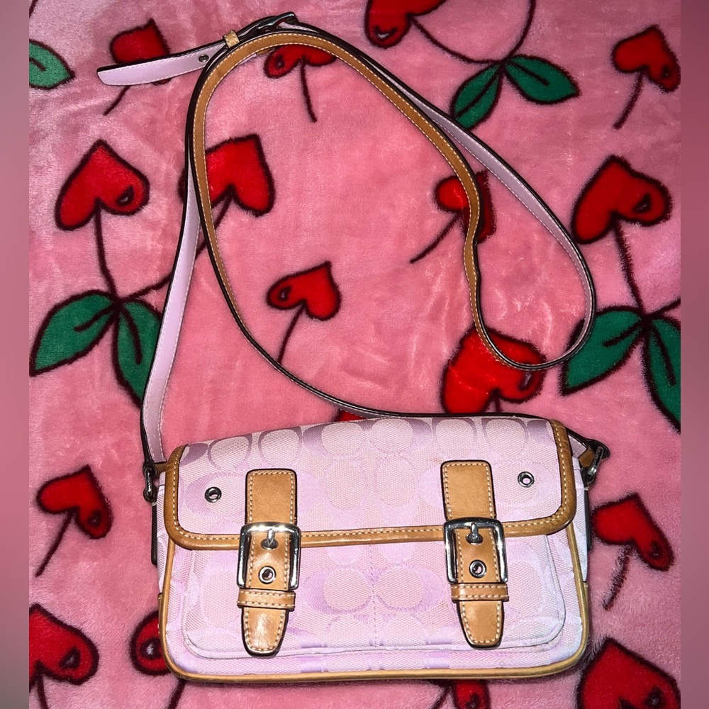 💕 Coach Light Pink Mini Field Bag Leather Canvas Signature C Y2K style vintage